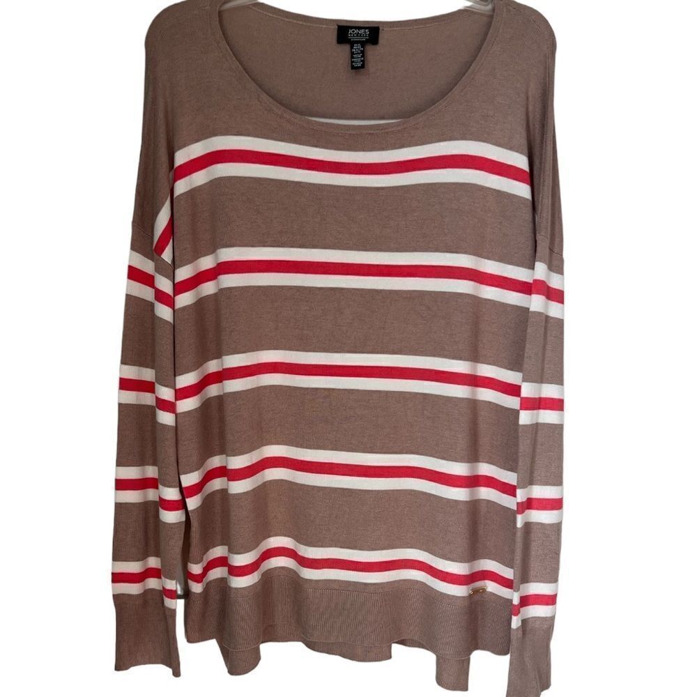 Jones New York Women’s Tan Red Stripes Long Sleeve Fall Cozy Soft sweater XL